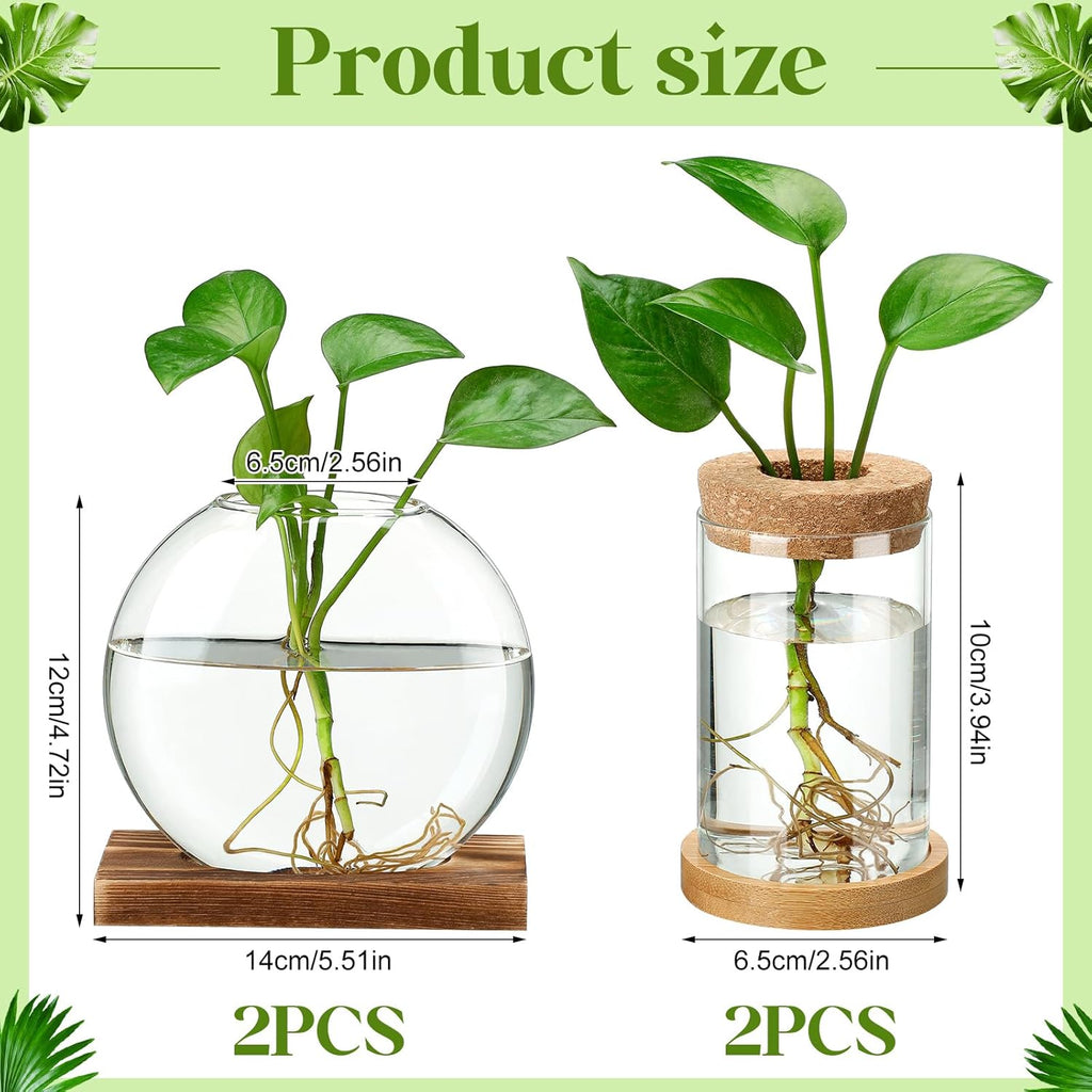 Layhit 4 Pcs Plants Propagation Stations vases Glass Planters with Wooden Lid and Bamboo Stand for Hydroponic Plants Gardening Gifts for Women Mom Home Office Tabletop Decoration(Novelty Style)