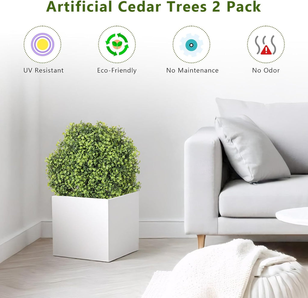 THE BLOOM TIMES 2ft Boxwood Topiary Ball Trees Artificial Outdoor Set of 2, 24" Faux Evergreen Plants Outside UV Resistant Greenery, Fake Potted Bushes and Shrubs for Front Porch Planter Patio Decor