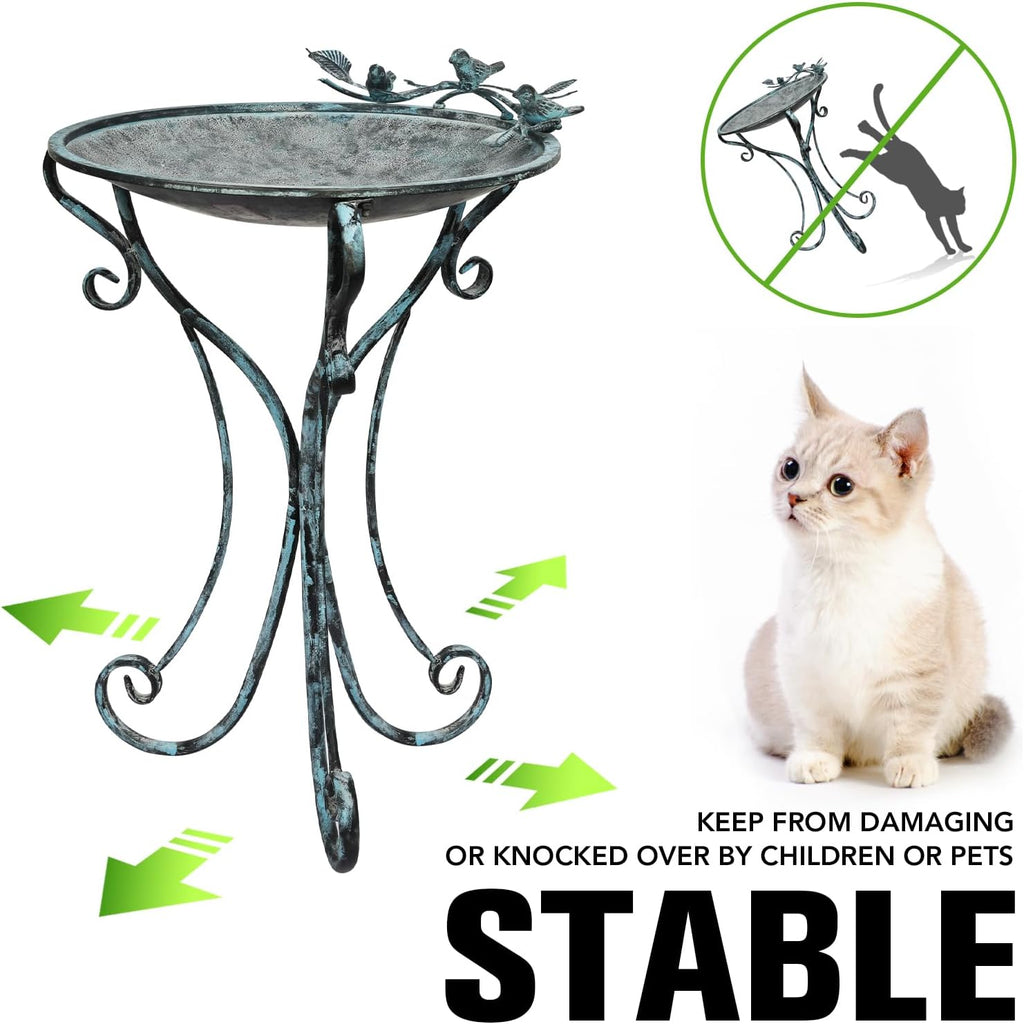 Solution4Patio 16.7" Metal Bird Bath with Perch - Rust-Resistant Outdoor Garden Decor, Shallow Wide Bowl & Foldable Stand for Birds/Plants