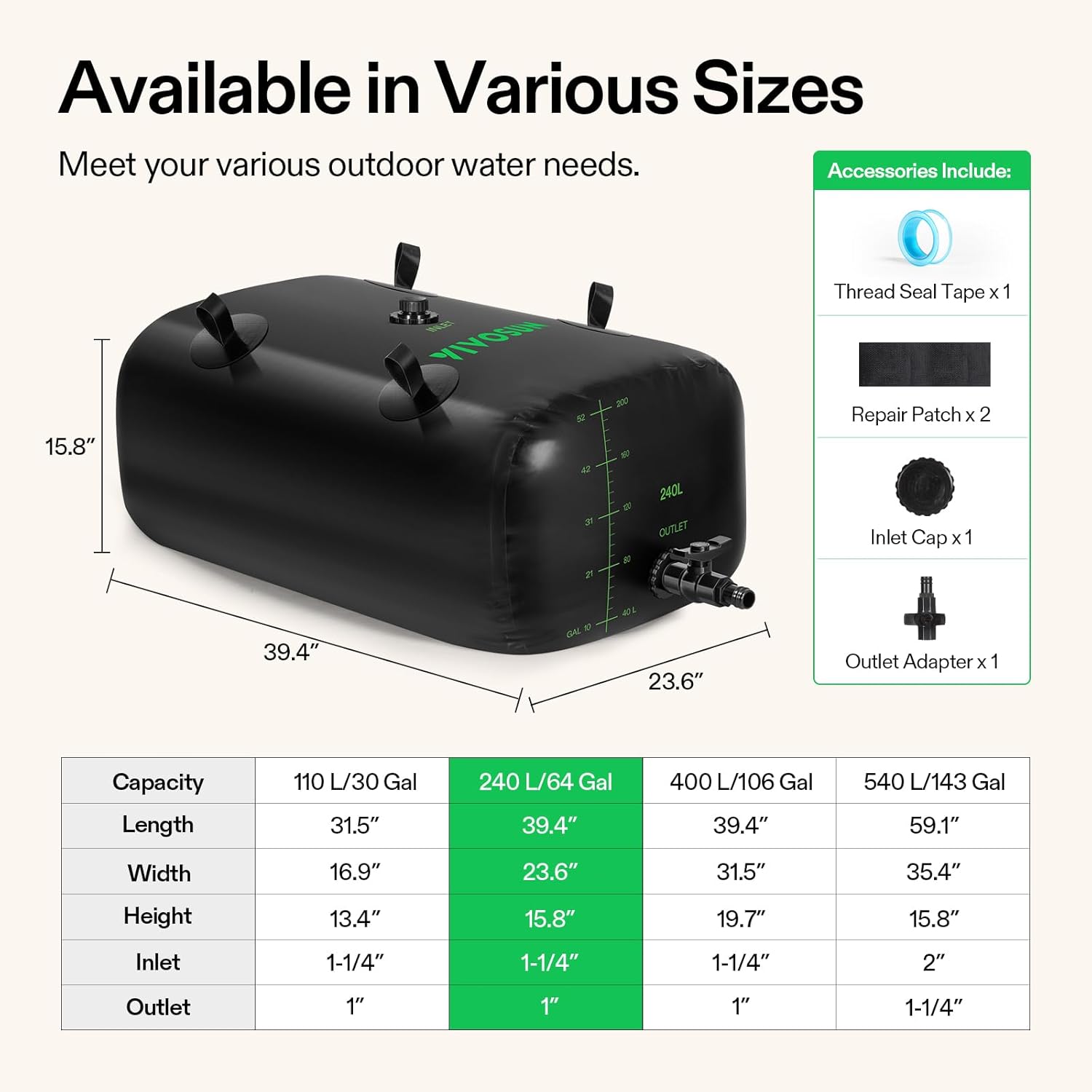 VIVOSUN 240 L/64 Gal Water Bladder, Foldable and Portable Water Storage Bag for RV, Camping, Garden Watering, Agricultural Irrigation, Drought Resistance, Firefighting