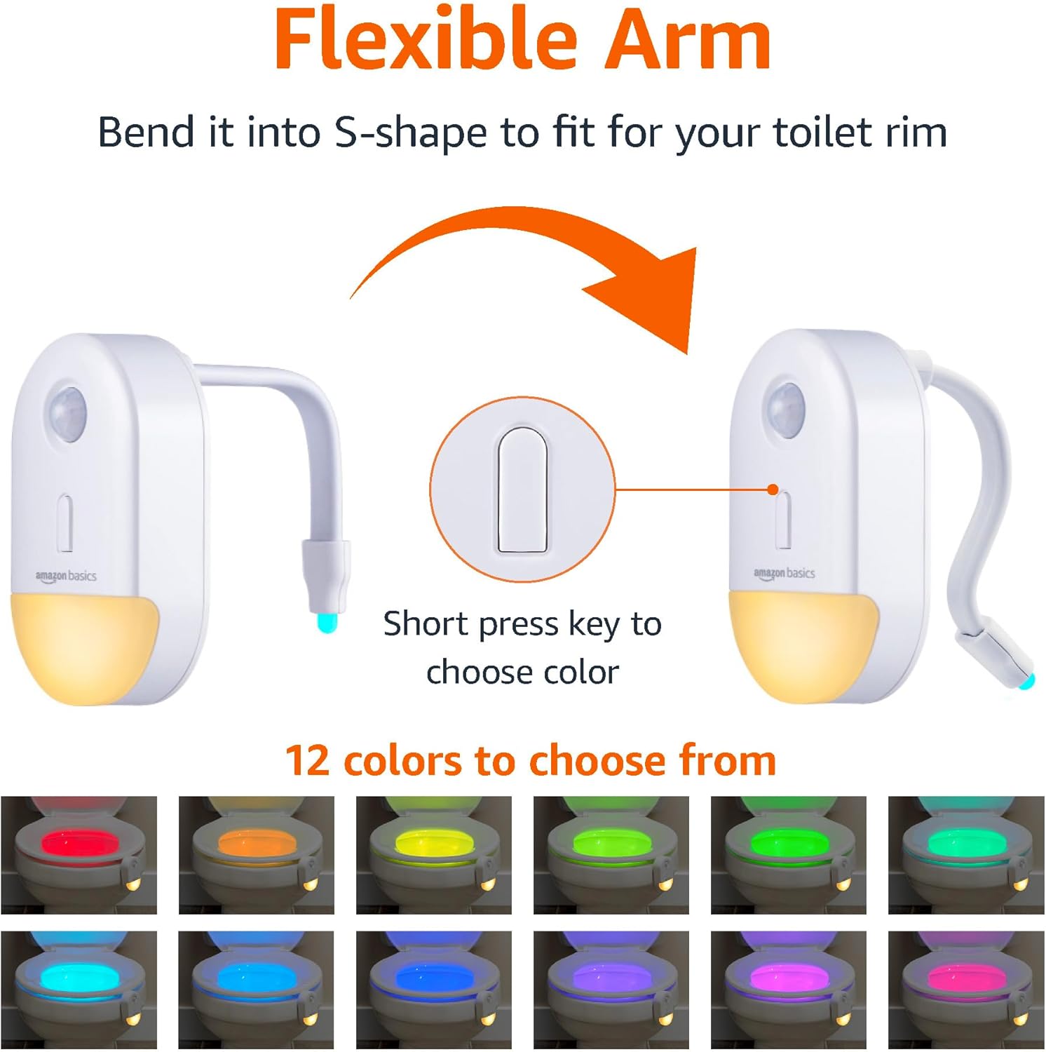 Amazon Basics Color Changing LED Toilet Bowl Motion Sensor Light, Battery Operated, 2 Pack, White