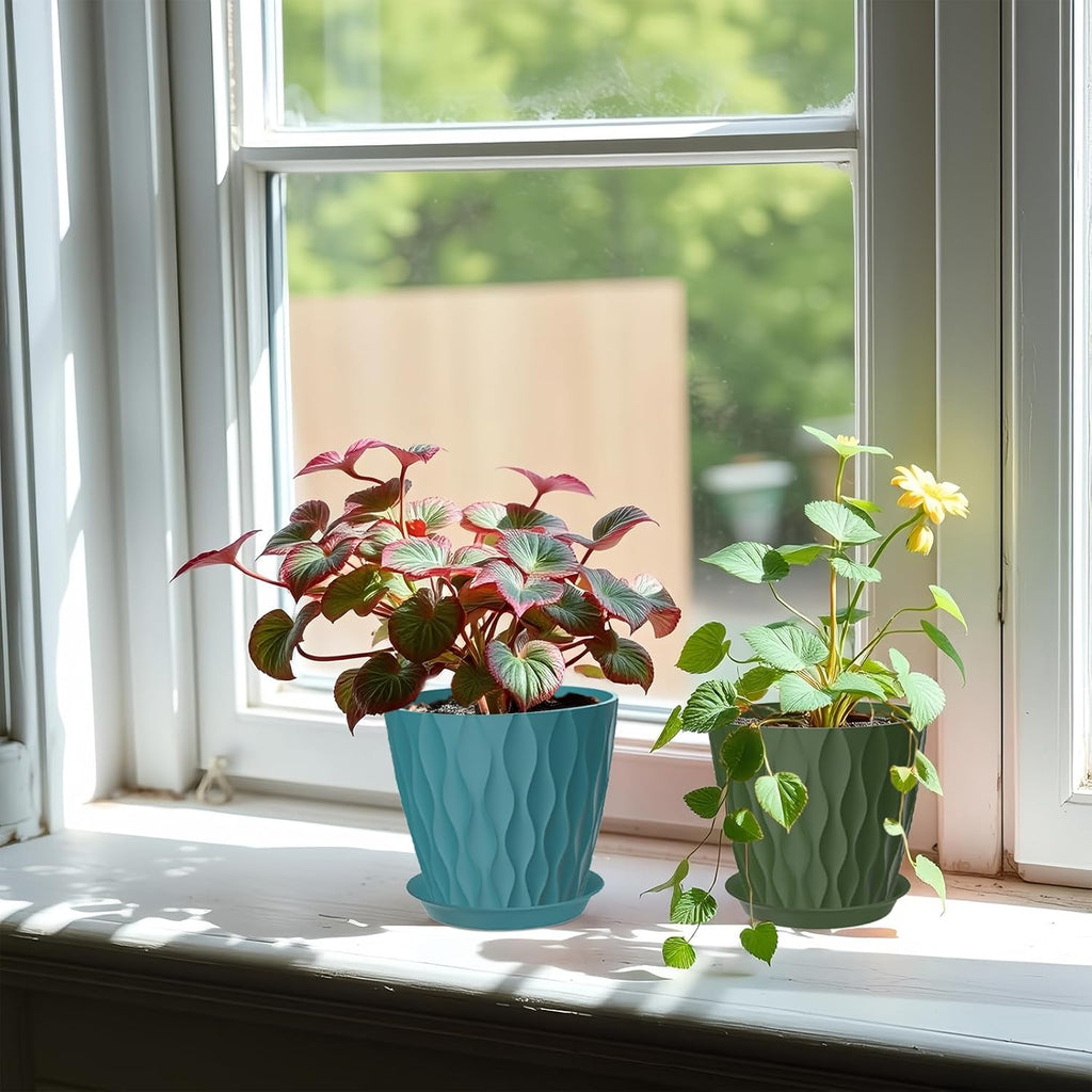 6 Pack 7 Inch Plant Pots with Drainage and Saucers, Multicolour Plastic Flower Pots for Indoor and Outdoor Plants, Stackable Nursery Planters for Houseplants and Herbs, Multicolour