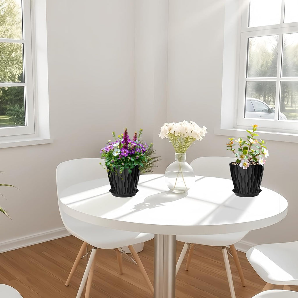 10 Pack 5 Inch Plant Pots with Drainage and Saucers, Black Plastic Flower Pots for Indoor and Outdoor Plants, Stackable Nursery Planters for Houseplants and Herbs, Black