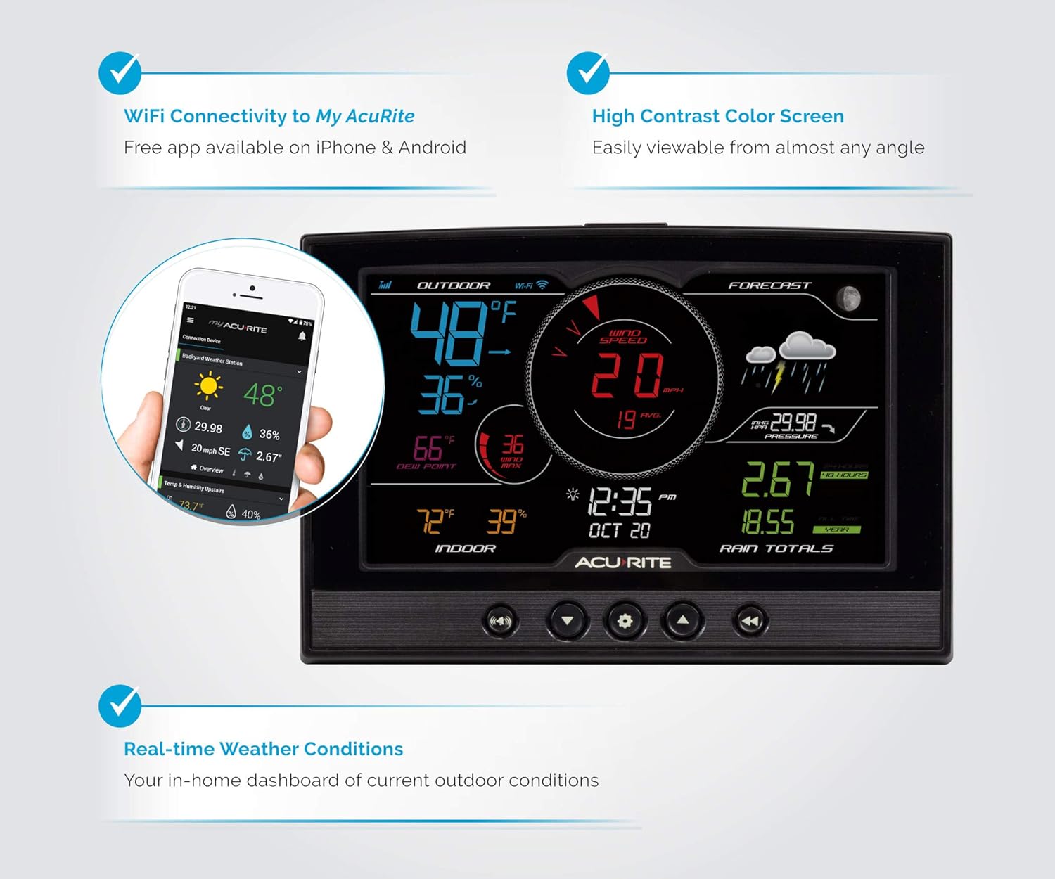 AcuRite Iris (5-in-1) Home Weather Station with Direct-to-Wi-Fi Wireless Display and Alerts for Remote Monitoring Indoor/Outdoor Temperature and Humidity with Wind Speed/Direction (01544M)
