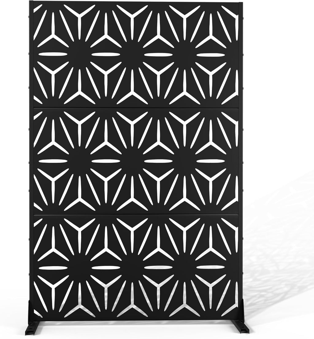 Metal Privacy Screen Outdoor 72" H×47" W, Freestanding Decorative Privacy Screen for Balcony Yard&Garden, Privacy Fence-Black&Star