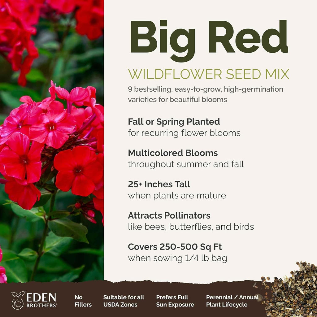 Eden Brothers Big Red Flower Mixed Seeds for Planting, 1/4 lb, 120,000+ Seeds with Painted Daisy Flame, Zinnia, Red Phlox | Attracts Pollinators, Plant in Spring or Fall, Zones 3, 4, 5, 6, 7, 8, 9, 10