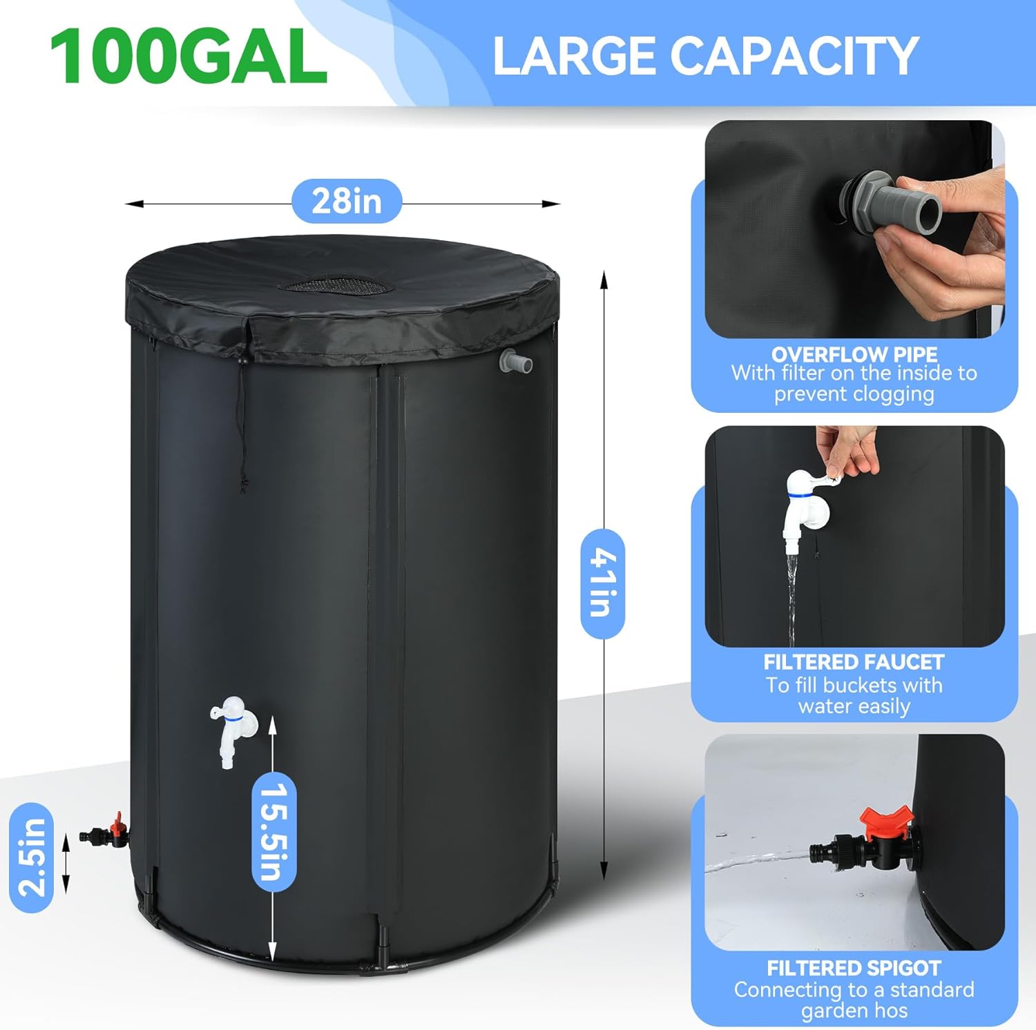 Upgraded 100 Gallon Rain Barrel Water Tank - Portable Rain Water Collection Barrel - Large Water Storage Tank - Stable Water Barrels Rain Catcher with Spigot Overflow Kit, Black