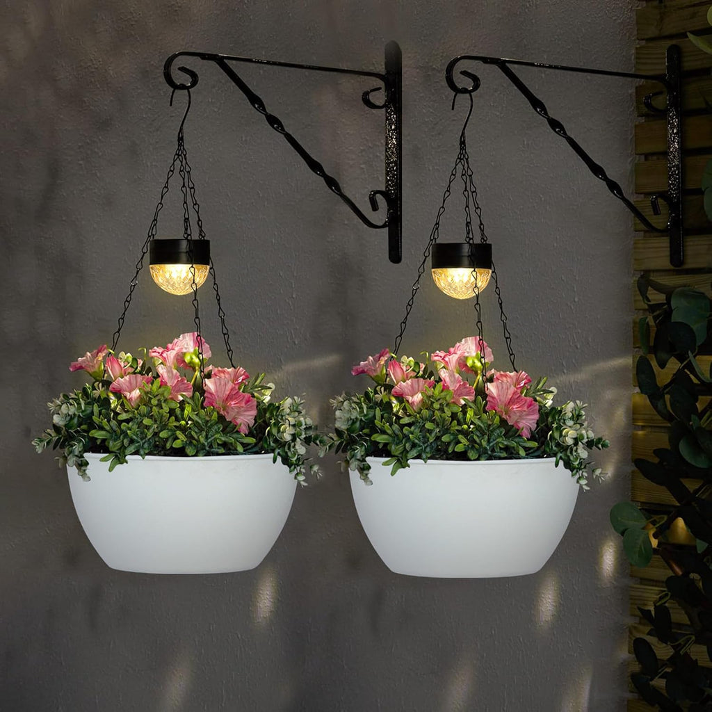 2 Packs Solar Hanging Basket Planters for Plants Outdoor, Self Watering White Flower Plants Pots with Solar Light Drainer for Balcony Patio Garden Outdoor Decoration