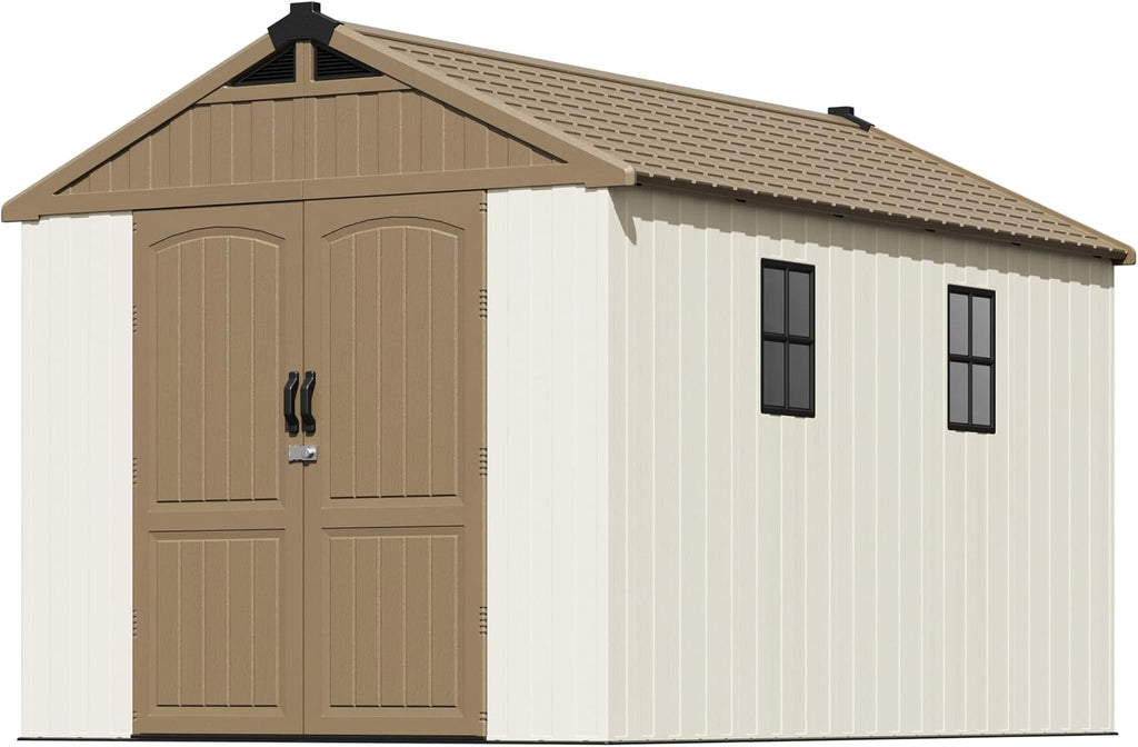 Patiowell 8 x 12 FT Plastic Outdoor Storage Shed with Floor, Resin Shed with Window and Lockable Door for Garden, Backyard, Tool Storage Use, Easy to Install in Brown (Kick-it Shed)