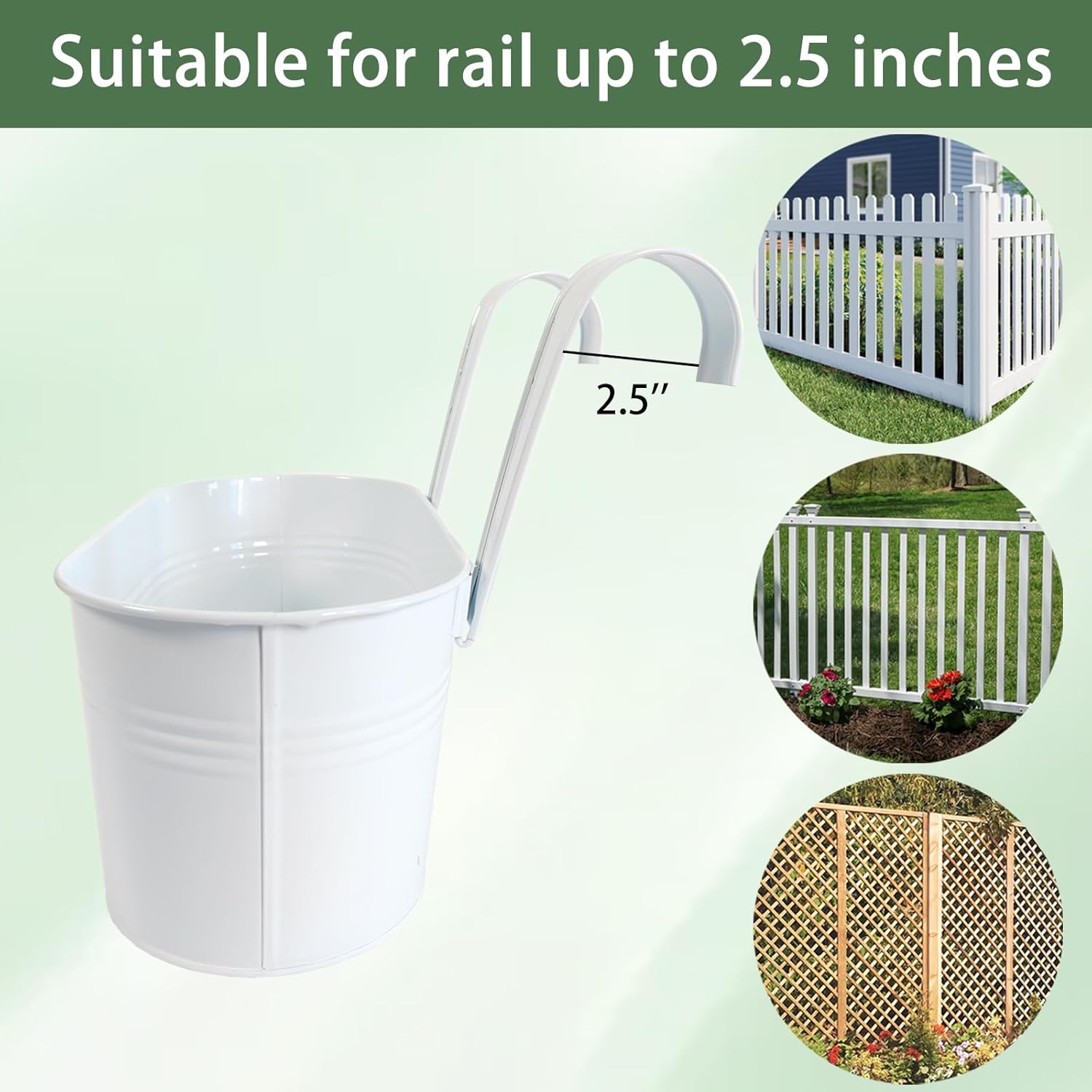 10" Hanging Flower Pots, Pack of 2 White Metal Outdoor Patio Balcony Planter, Railing Planters Fence Pot with Detachable Hook & Drainage Hole for Small Plants (White, 2Pcs)