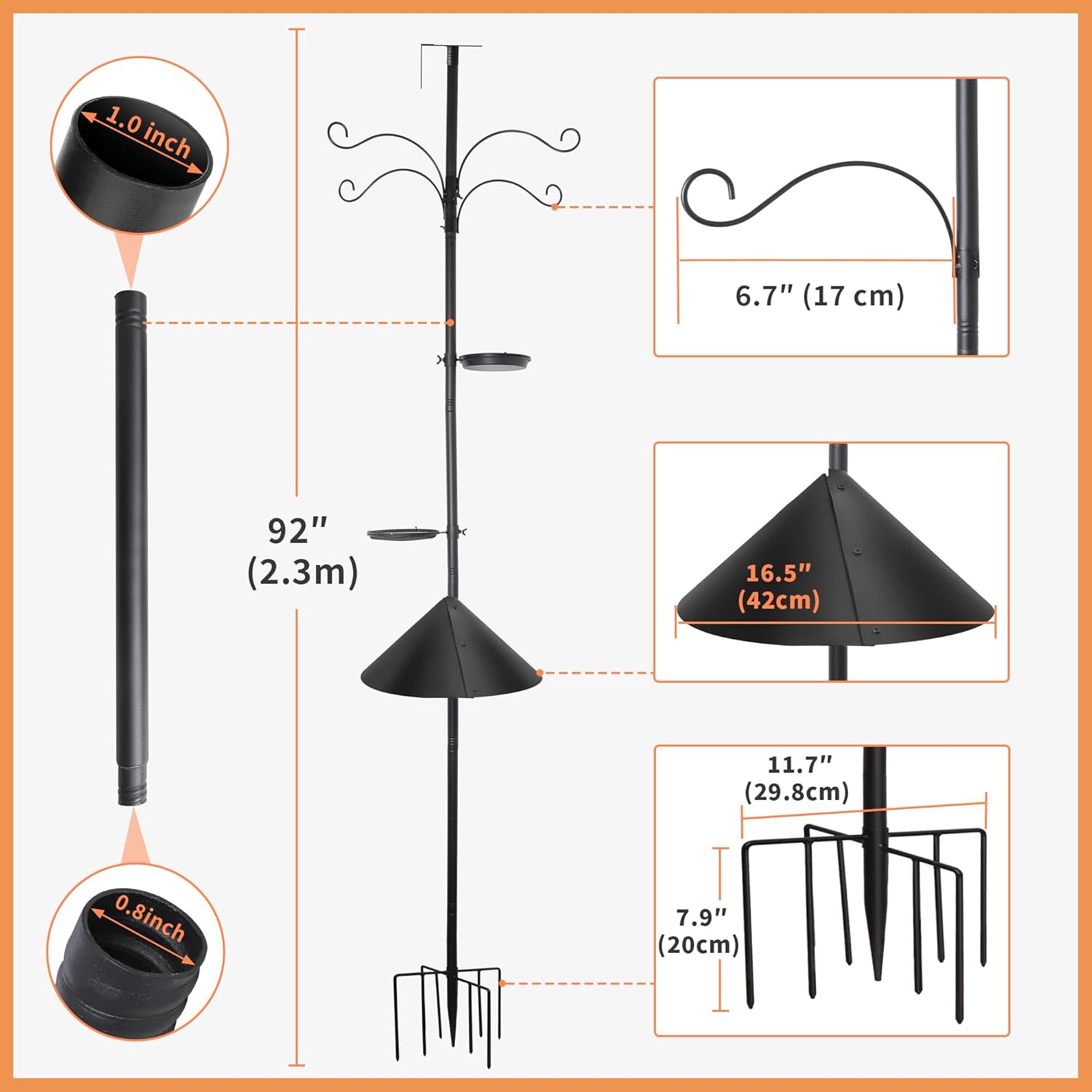 eWonLife 92 Inch Bird Feeder Pole with Squirrel Baffle & Upgraded 9-Prong Base, Adjustable Bird House Pole for Outdoors Heavy Duty, Bird Feeder Stand Post Station with 4 Shepherd Hooks, Birdbath, Tray
