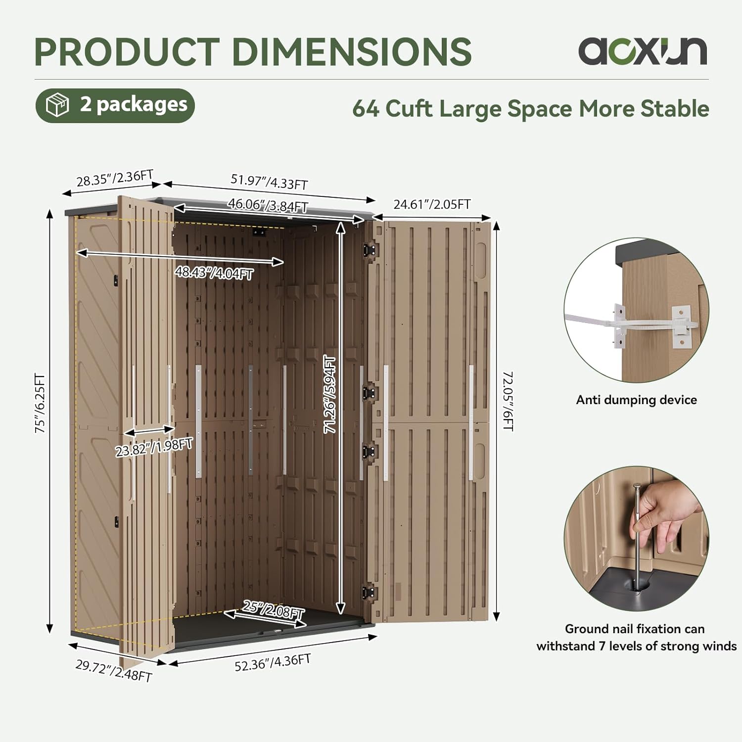 Aoxun Outdoor Storage Shed with Floor, 64 Cu.Ft Large Outdoor Storage Cabinet, Waterproof Vertical Resin Shed for Garden Tools, Pool Equipment, Brown