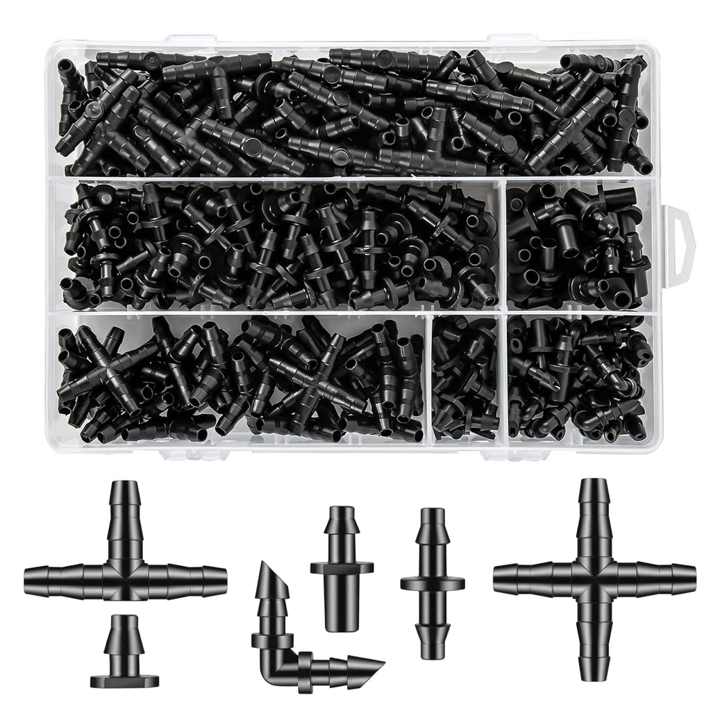 300 Pcs Barbed Connectors Drip Irrigation Fittings Kit, 1/4" Drip Irrigation Kit for Garden Flower Pot Greenhouse Lawn (Straight Barbs,Single Barbs,Tees,Elbows,End Plug,4-Way Coupling)