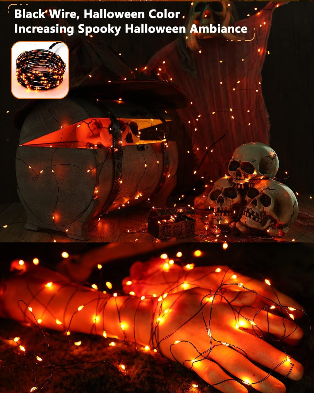 Brizled Orange Fairy Lights, 2 Pack Total 78FT 240 LED Solar Halloween Fairy Lights, 8 Modes Outdoor Halloween Lights, Waterproof Orange Twinkle Light for Outside Party Yard Decor Black Wire