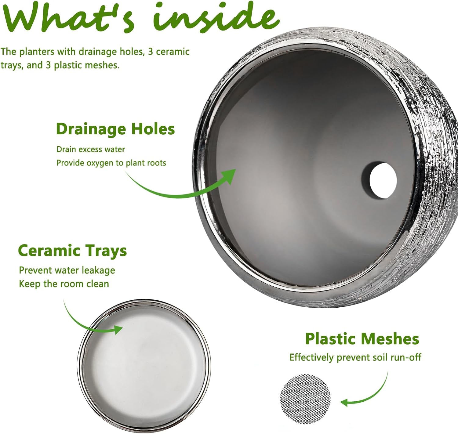 Ceramic Planters - 10 Inch 8 Inch 6 Inch Plant Pots Indoor with Drainage Holes and Saucer Mid-Century Large Planters Outdoor Flower Pots for Home Decor Set of 3 Silver