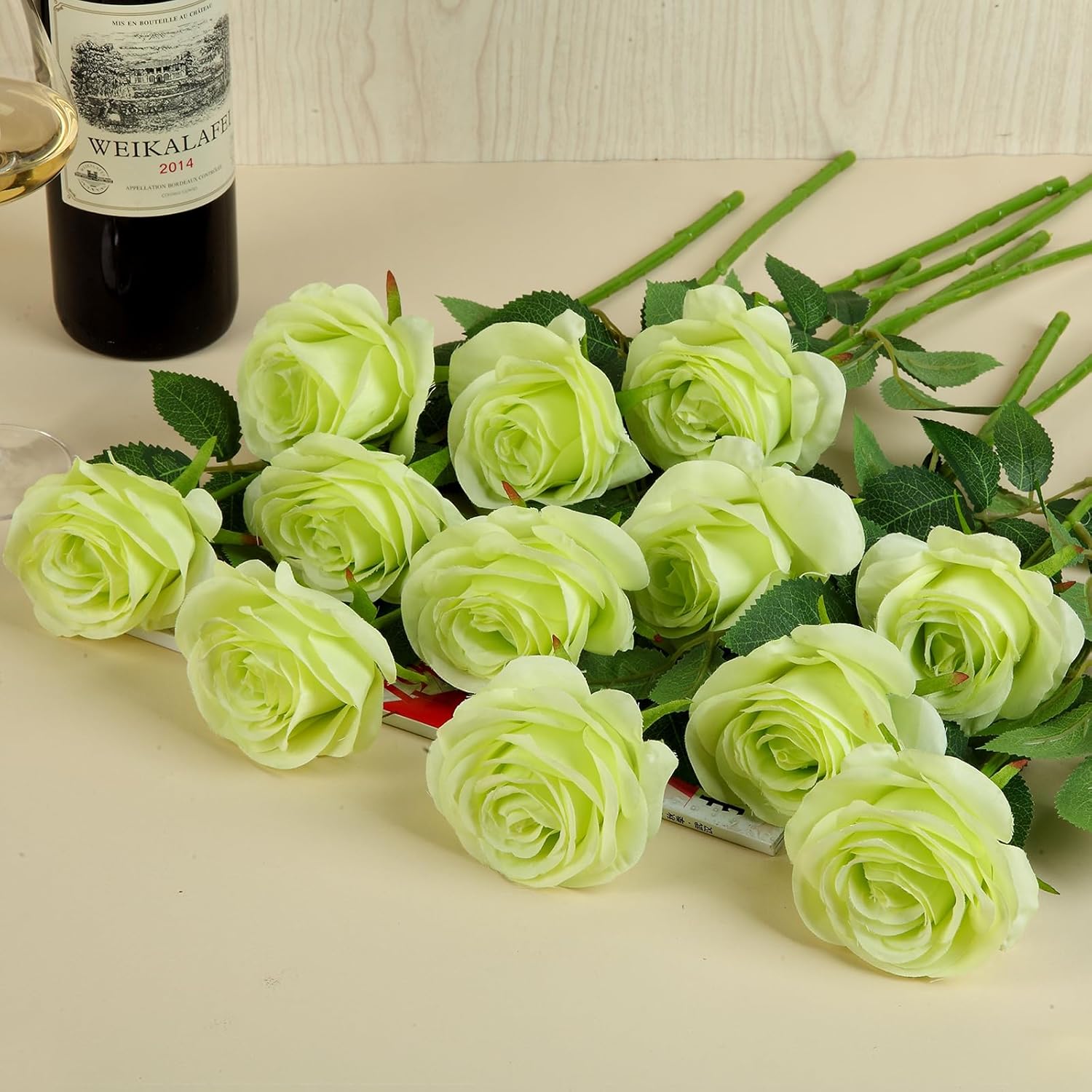 12pcs Light Green Roses Artificial Flowers Fake Roses Silk Flowers Roses with Long Stems for Wedding Home Party Centerpieces Decorations