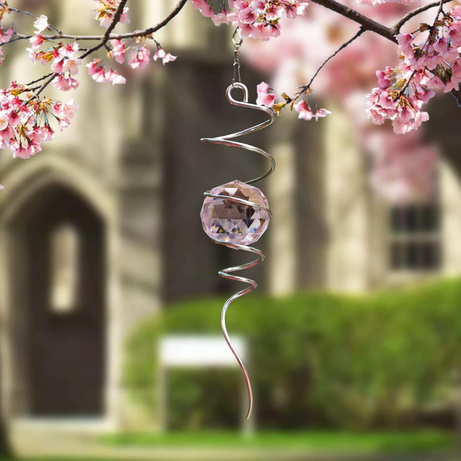 Gazing Ball Spiral Tail with Pink Crystal Orb | Sparkling Wind Spinner Stabilizer, Sun Catcher Rainbow Maker, Hanging Indoor/Outdoor Garden Decor & Gift Gift for Mom Grandma, 13" Height