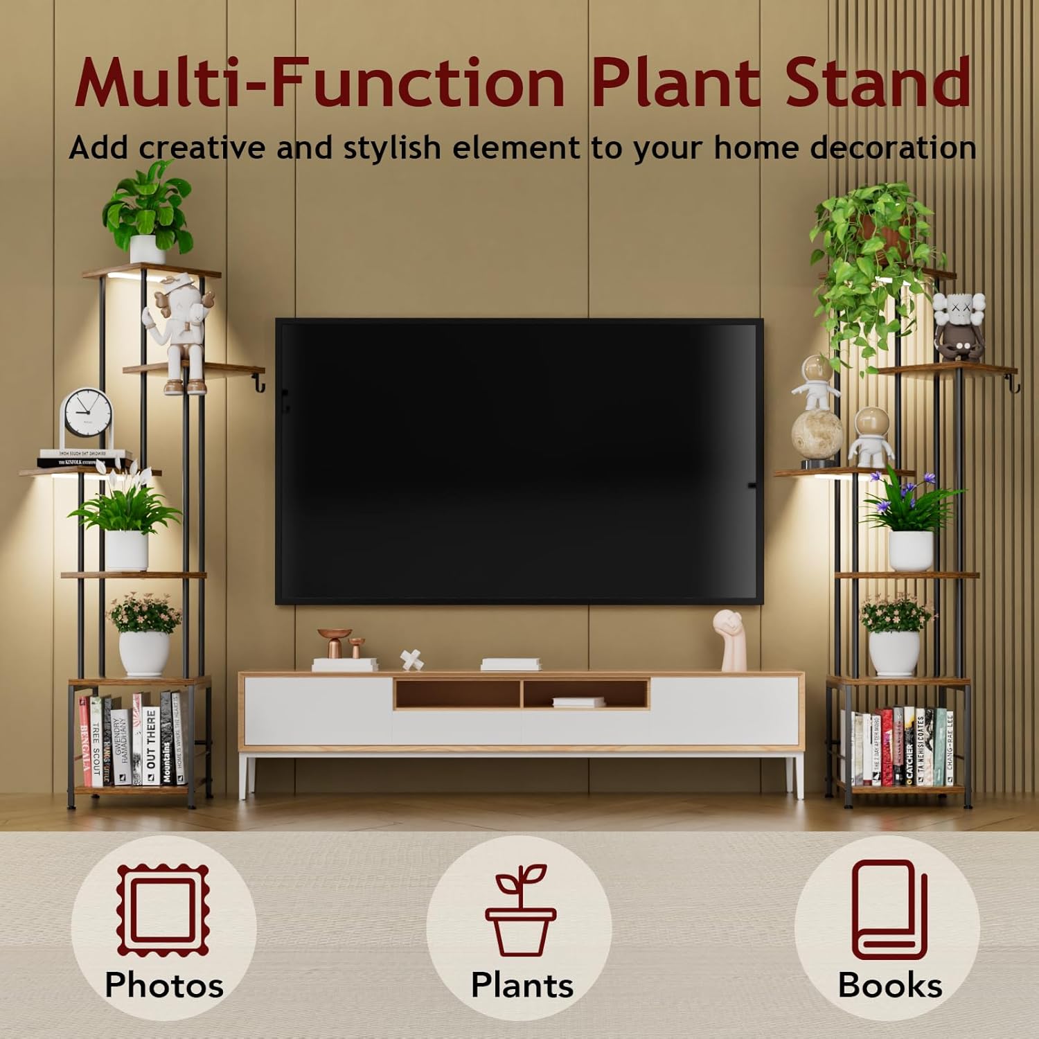 Plant Stand Indoor with Grow Light, 6-Tiered Tall Plant Stand Indoor, Metal Plant Shelf with Hanging Basket Hook and Adjustable Light, Ideal for Living Room, Garden, Patio, （Brown and Black）