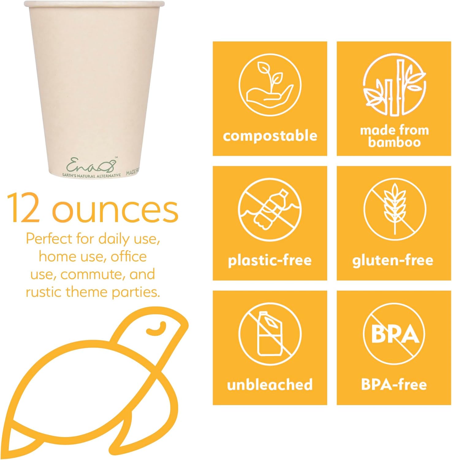 100% Compostable Disposable Coffee Cups [12oz 80 Pack] Paper Cups Made from Bamboo, Eco-Friendly, Biodegradable Premium Party Cups, Natural Unbleached by Earth's Natural Alternative