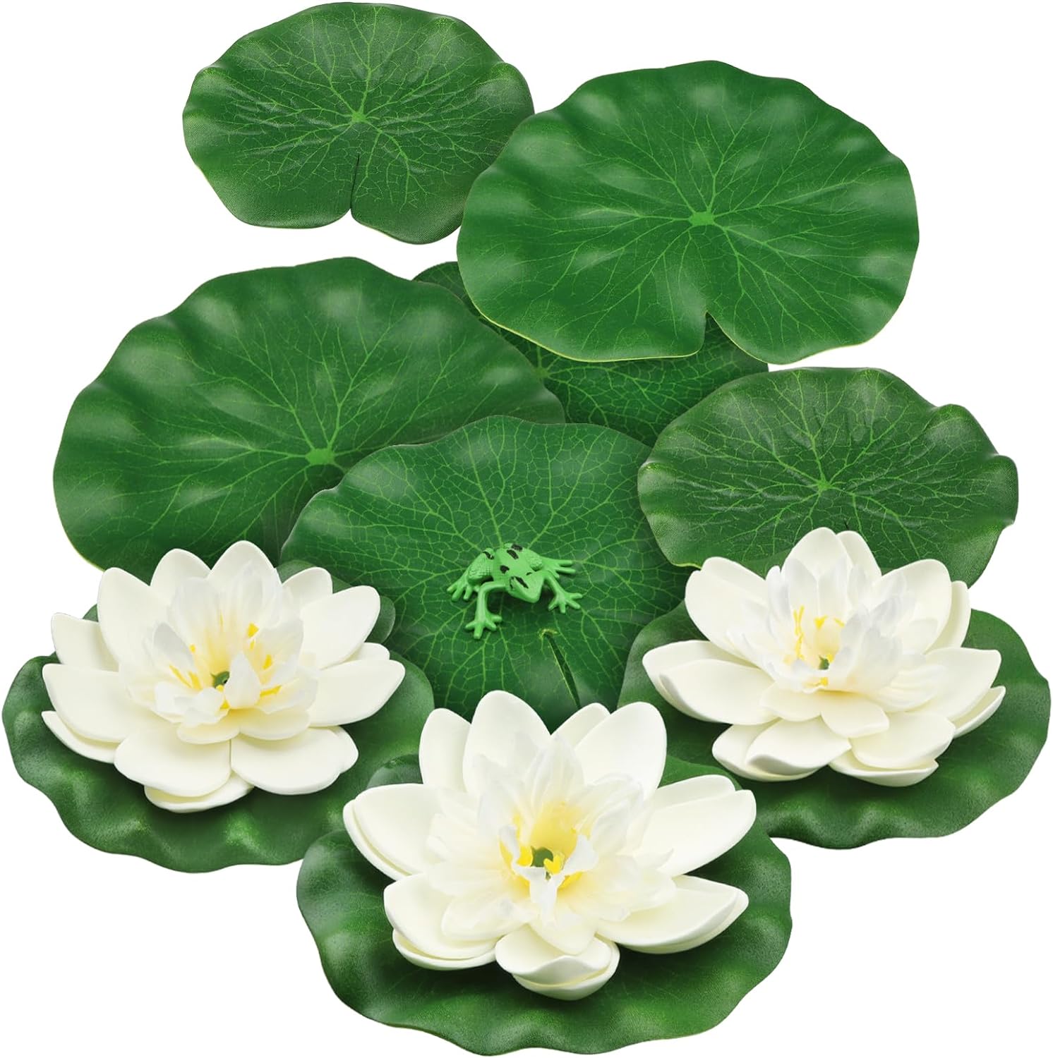 10pcs Artificial Floating Foam Lotus Flowers with Artificial Frog Lotus Leaves, Lily Pads for Lake, Pond Plants Ornaments for Pool Aquarium Water Decoration, White