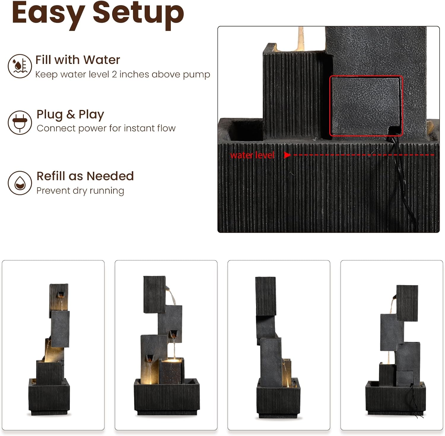 42" H Outdoor Water Fountain Garden Waterfalls - Large Water Feature Geometric Stacking Waterfall Fountains Planter with Lights for Patio Backyard Deck Porch Deck and Home Decor, Gray