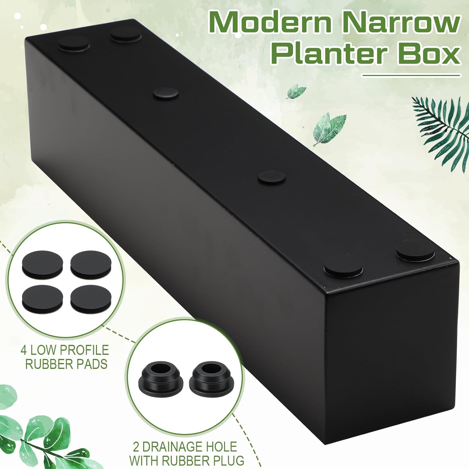 16.1 x 3.2 x 3.5 Inch Long Rectangular Planter Box Window Sill Plant Box Metal Water Trough Indoor Large Modern Steel with Drainage Holes Herb Garden Home(Black)