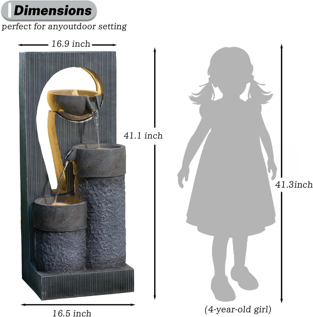 Outdoor Water Fountain for Patio & Garden, 41" Modern Stone-Look Fountain with LED Lights & Cascading Waterfall – UV-Resistant Freestanding Indoor/Outdoor Water Feature