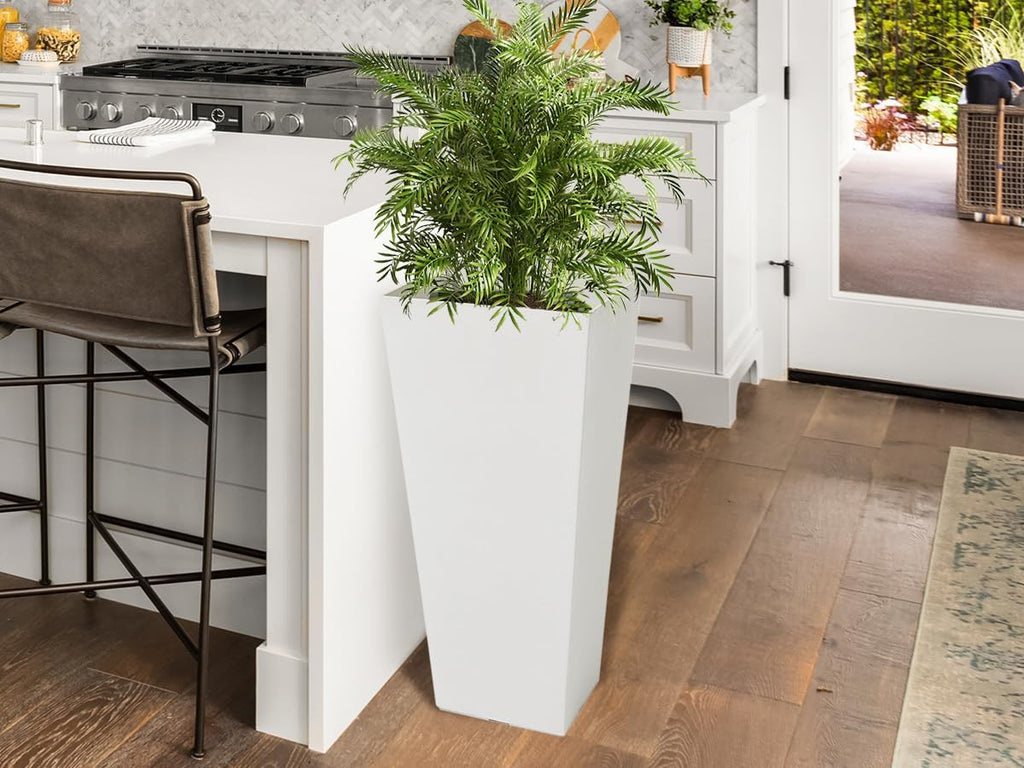 Worth Garden 2-Pack White Matte Texture Square Tapered Planter - 25.5" H. Tall Plastic Plant Pots with Drain Hole for Indoor Outdoor - Modern Decorative Flower Pots for Front Porch, Patio, Deck