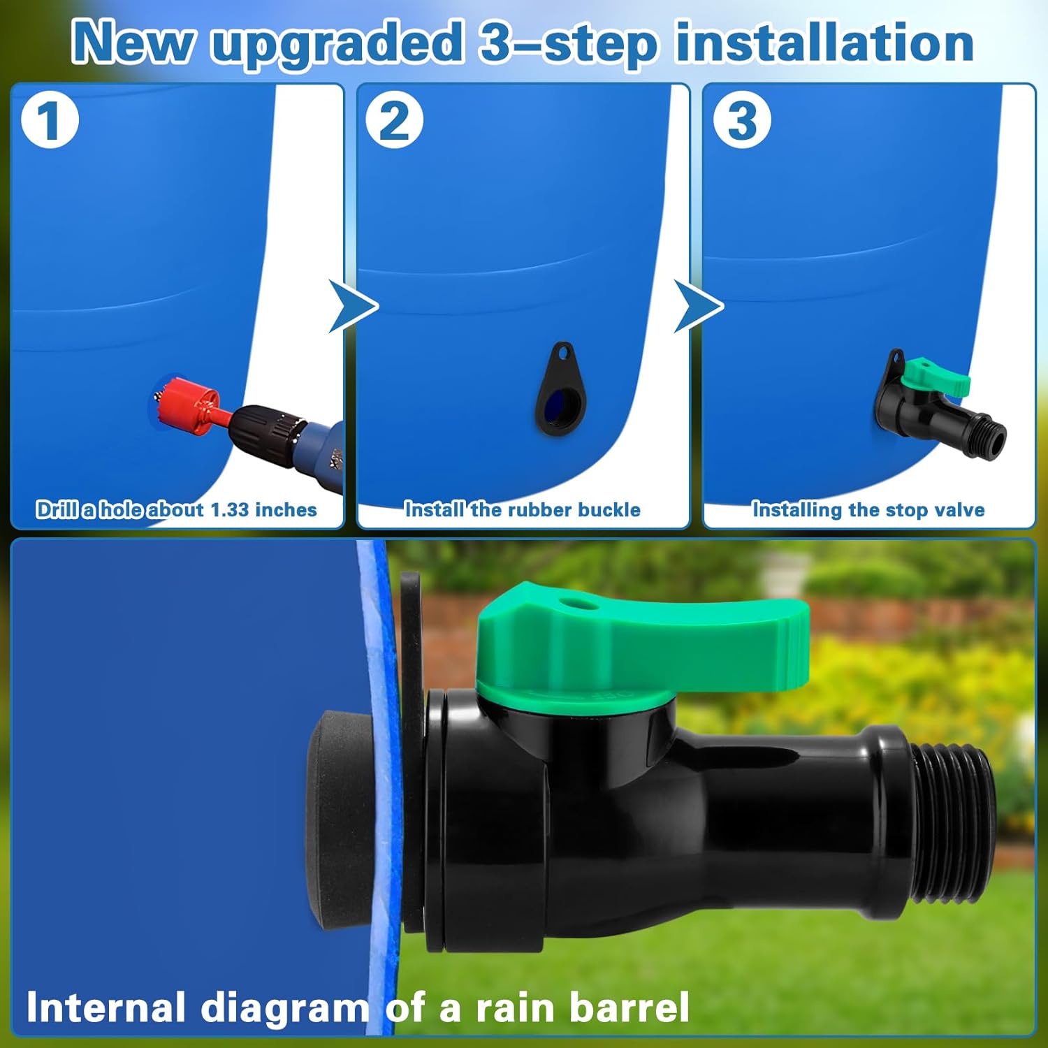Rain Barrel Spigot Kit with High Flow Valve No Inside Access Needed,External Installation,Straight Head 3/4" NPT to 3/4" GHT Faucet for Plastic WaterTanks,Buckets,Rainwater Drums & Downspout Collector