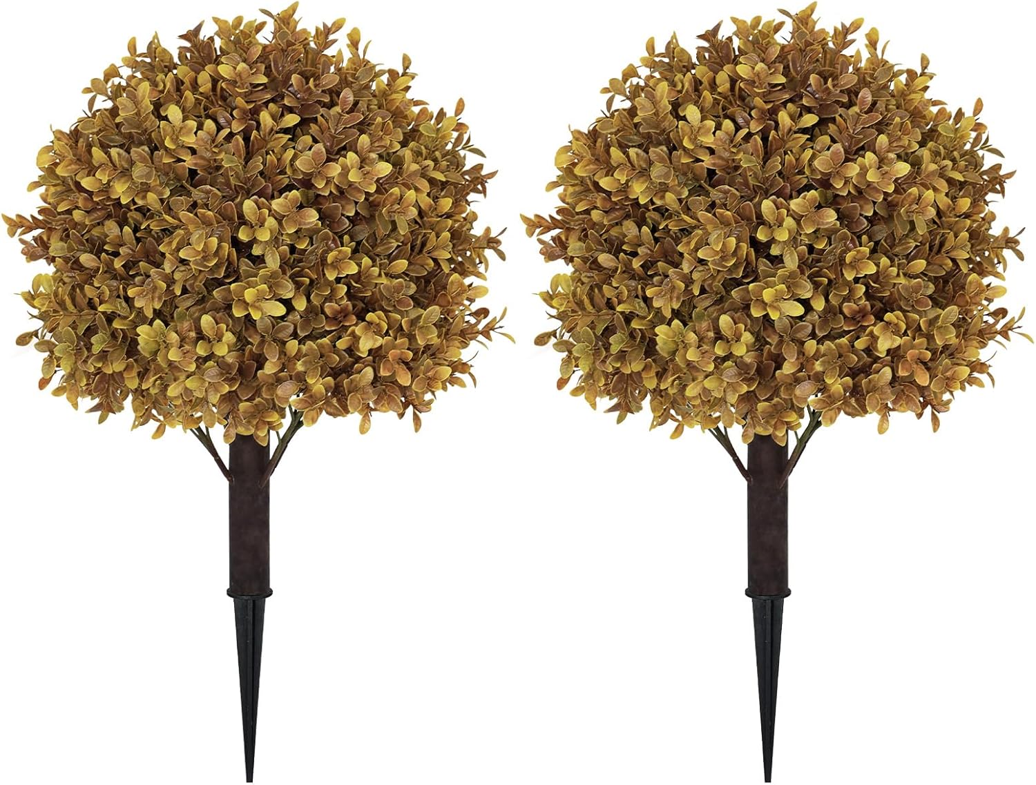 24" Tall Artificial Boxwood Ball Fall Topiary Trees Set of 2, UV Resistant Large Faux Plants Outdoor, 2ft Fake Bushes and Shrubs Look Real with Stake for Front Porch Outside Planter Backyard Decor