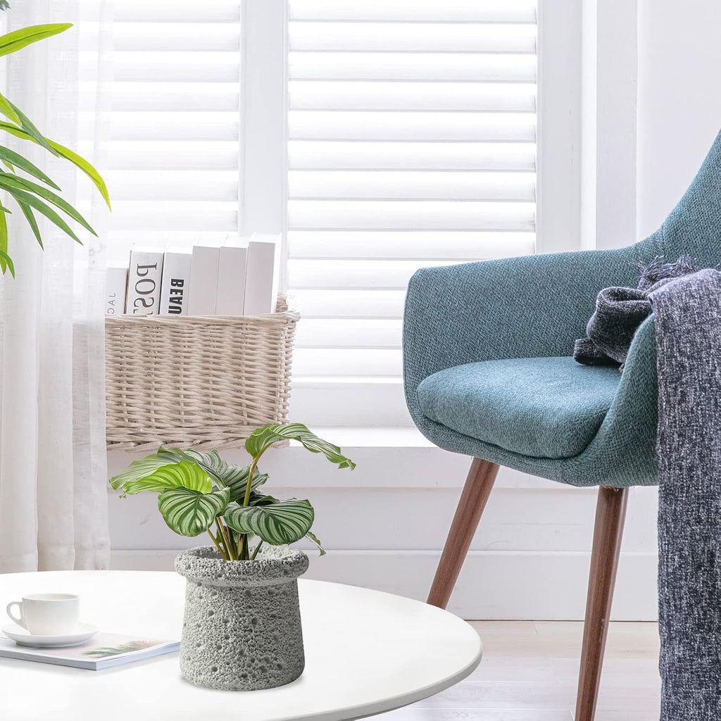 Cement Plant Pot Indoor, 4.5 Inch Flower Pot with Drainage Hole, Small Cement Planter for Home Office Decor (Beige)