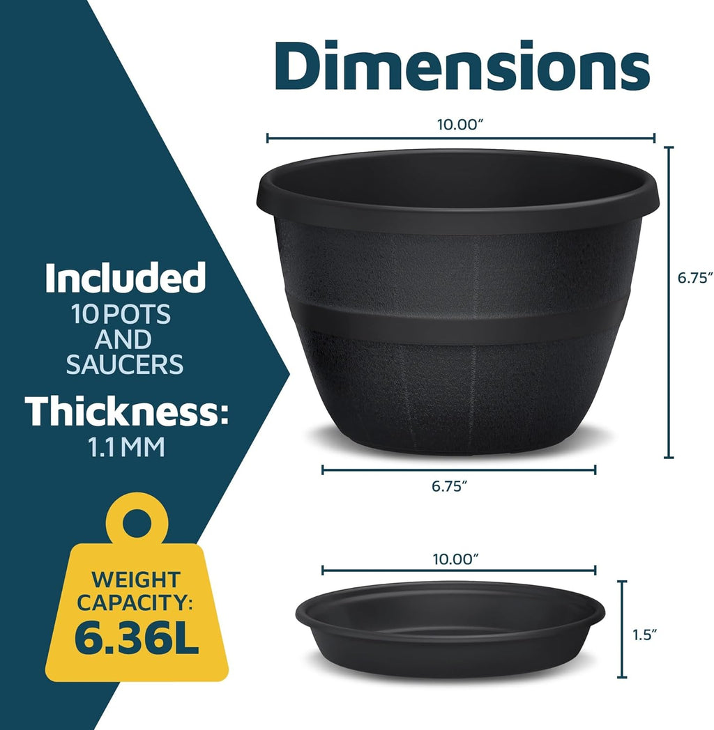 10-Inch Whiskey Barrel Planters Outdoor Pack of 10 - Durable Plastic Plant Pots for Indoor & Outdoor Use with Drainage & Saucer, Lightweight Rustic Barrel Planters for Flowers, Herbs & Small Plants
