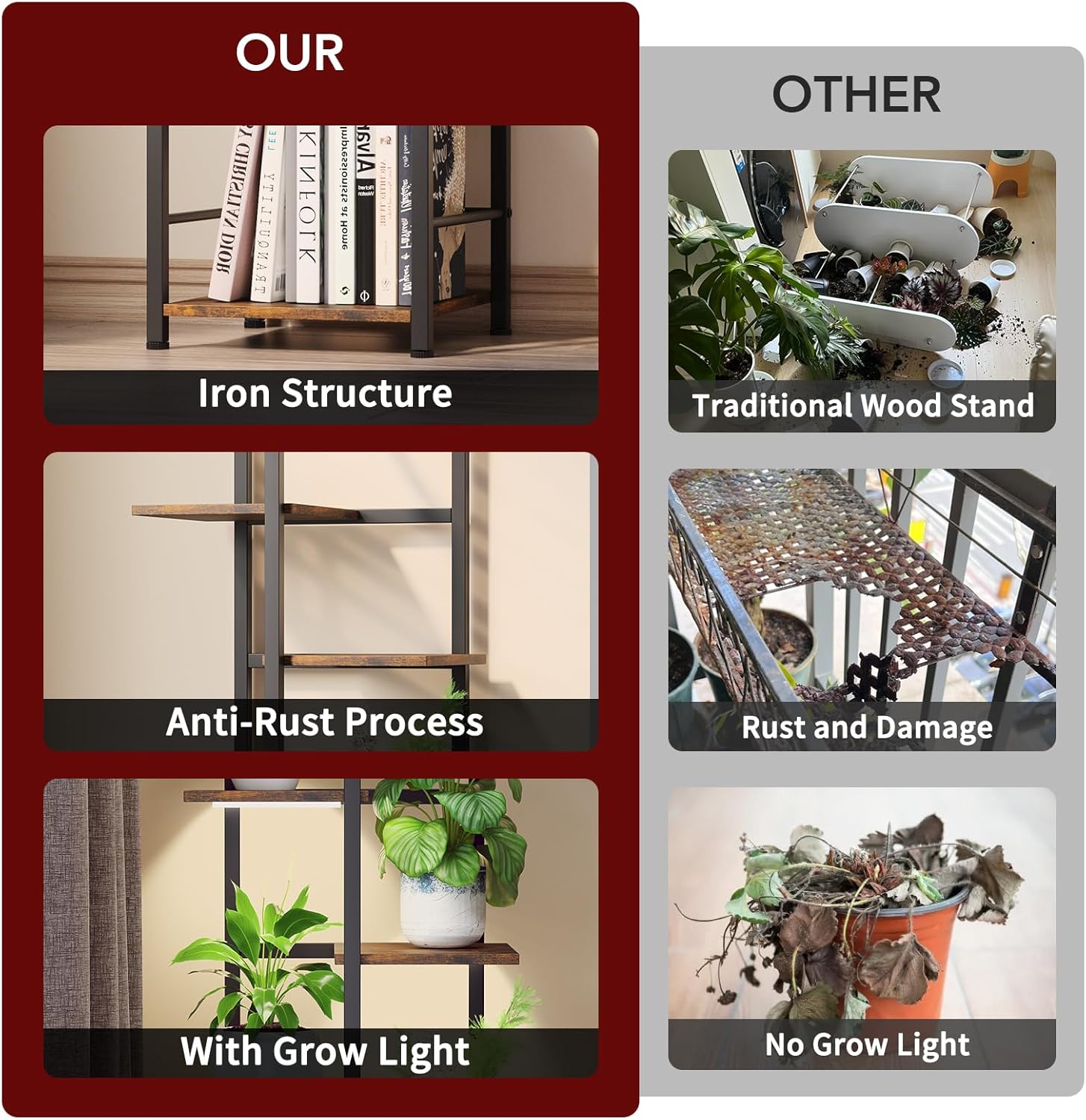 Plant Stand Indoor with Grow Light, 6-Tiered Tall Plant Stand Indoor, Metal Plant Shelf with Bookshelf Bookcase and Adjustable Light, Ideal for Living Room, Reading room, Garden, Patio (Brown)