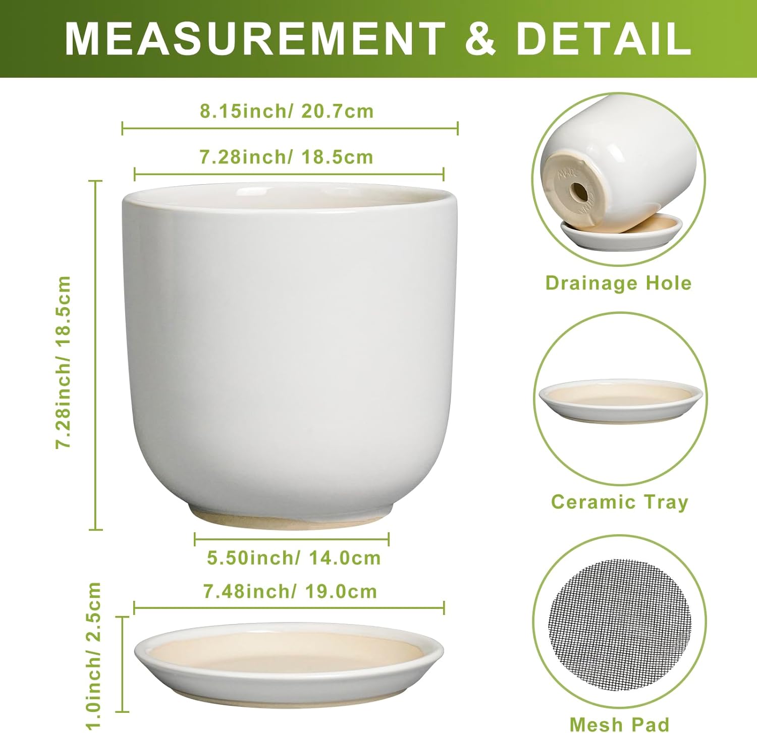 Ceramic Plant Pot - Modern 8 Inch Round Planter for Indoor Outdoor Plants with Drainage Hole and Saucer, Home House Room Office Decor, White