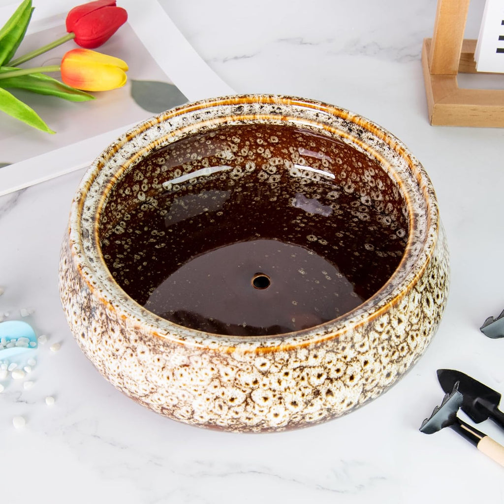 ARTKETTY Succulent Pots - 8 Inch Plant Pot, Large Bonsai Pots with Drainage, Ceramic Planters for Indoor Outdoor Plants, Round Shallow Cactus Flower Plant Container Bowl Decorative Home Garden