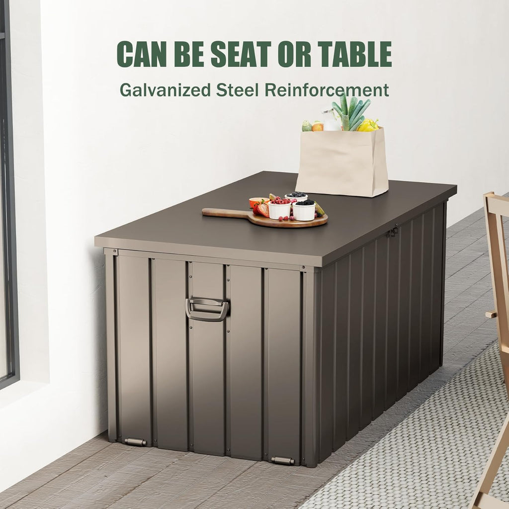 Domi Deck Box 160 Gallon, Waterproof Lockable Steel Outdoor Storage Container for Outside Cushions, Garden Tools and Pools Equipment, Brown