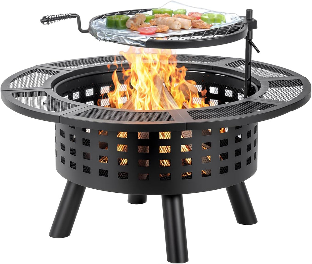 36 inch Outdoor Fire Pit with Grill,Wood Burning Firepits for Outside with Lid & Fire Poker,Metal 3-in-1 Fire Pit Table with Cooking Grate,Outdoor Fireplaces for Bonfire,Yard,BBQ（Jet Black）