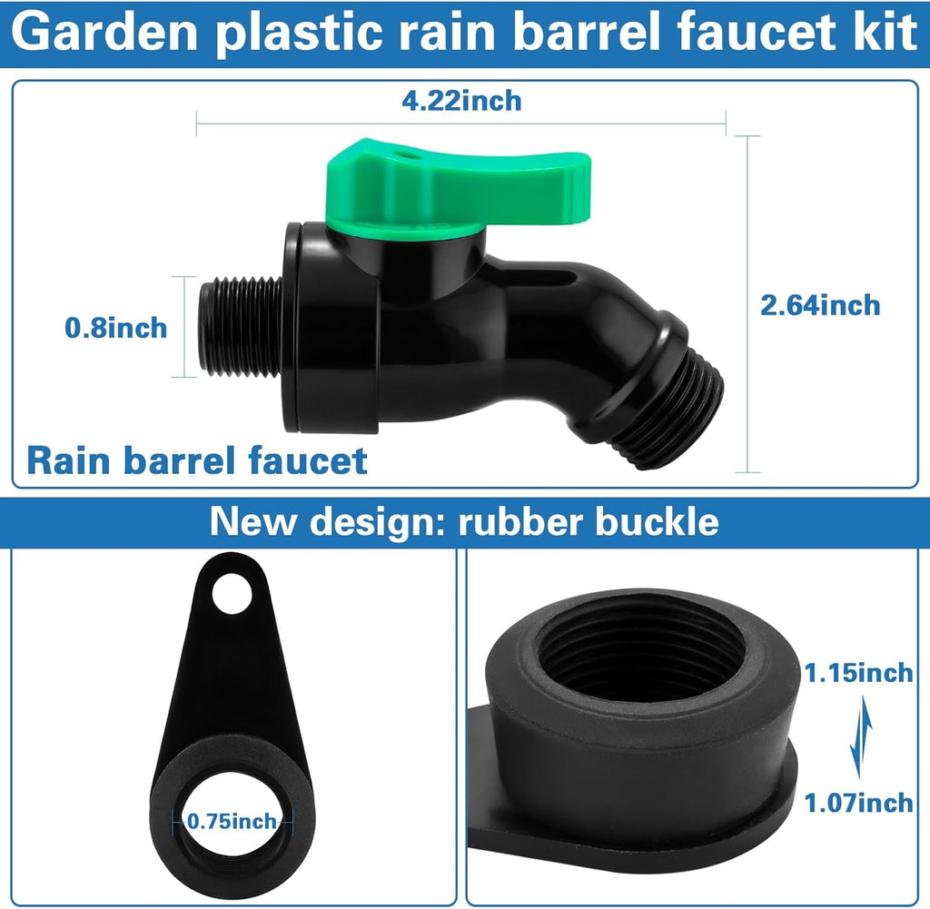 Rain Barrel Spigot Kit with High Flow Valve No Inside Access Needed,External Installation 1/2" NPT to 3/4" GHT Faucet for Plastic WaterTanks,Buckets,Rainwater Drums & Downspout Collectors
