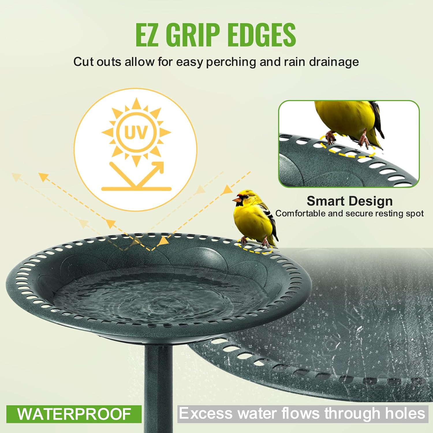 Backyard Expressions Outdoor Garden Bird Bath - Green - Weather Resistant Polyresin - 27 Inch