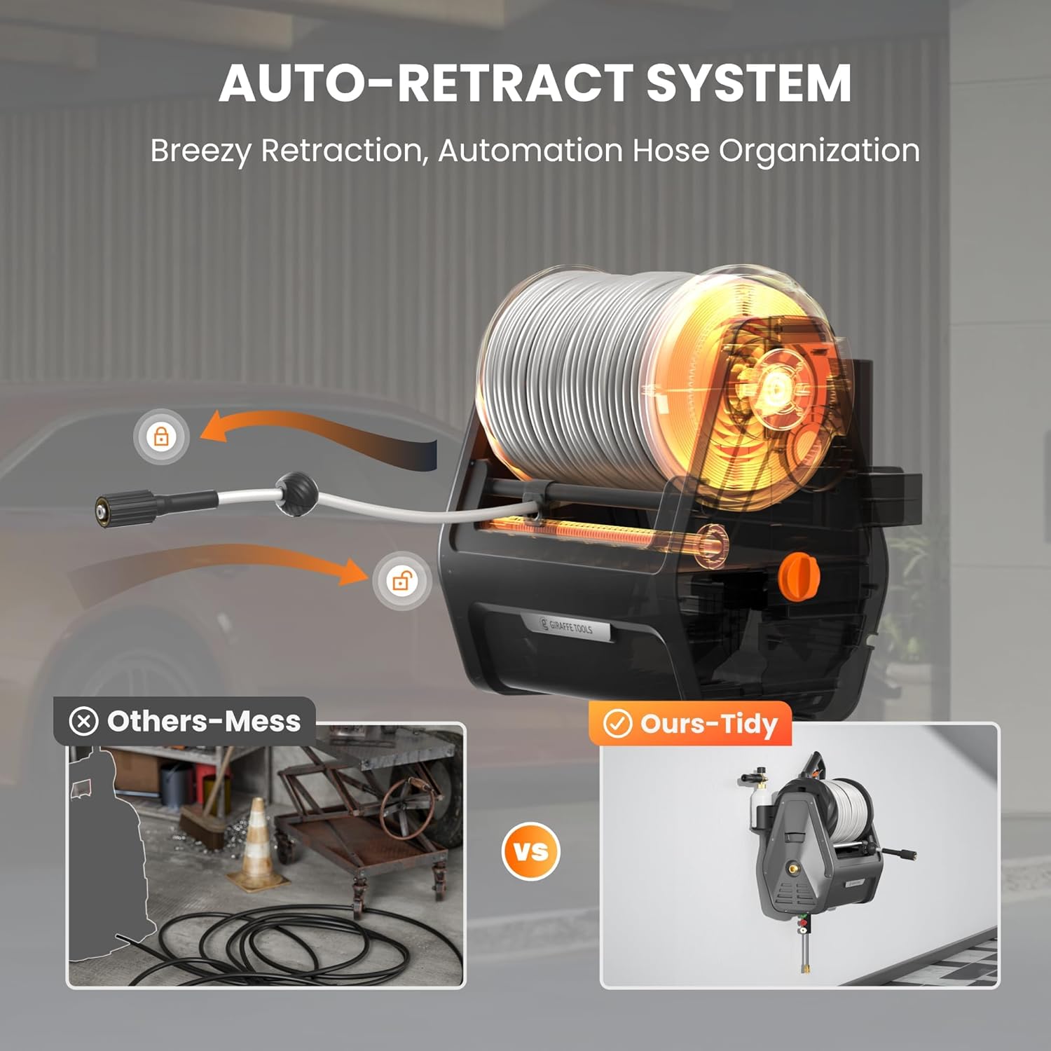 Giraffe Tools Grandfalls Pressure Washer Plus+, Electric Wall Mount Power Washer with 100FT Ultra-Soft Pressure Hoses, 2900PSI, 2.2GPM, 4 Nozzles, Foam Cannon for Cars/Patios, Dark Silver