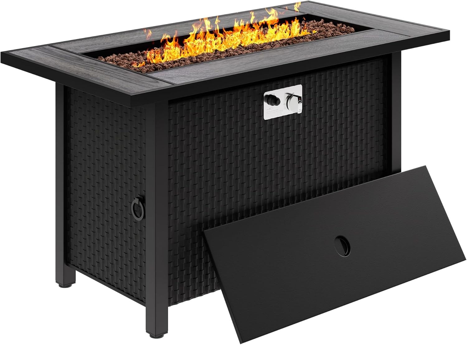 Meilocar 45in Fire Table, Propane Fire Pit with Red Lava Rocks and Rain Cover, Outdoor Firepit Table with Tile Top 50000 BTU 2-in-1 Fire Table for Patio/Yard/Balcony, Gray Tabletop