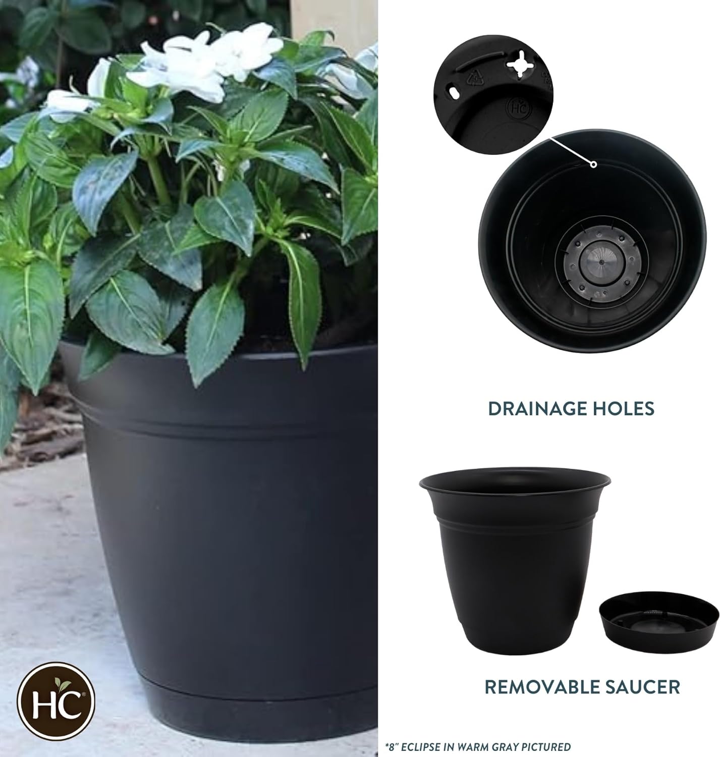 The HC Companies Eclipse Round Planter with Saucer - Outdoor & Indoor Plant Pot with Drainage Holes - Lightweight, UV-Resistant Plastic Pots for Plants, Flowers & Herbs (6" Black, Pack of 1)