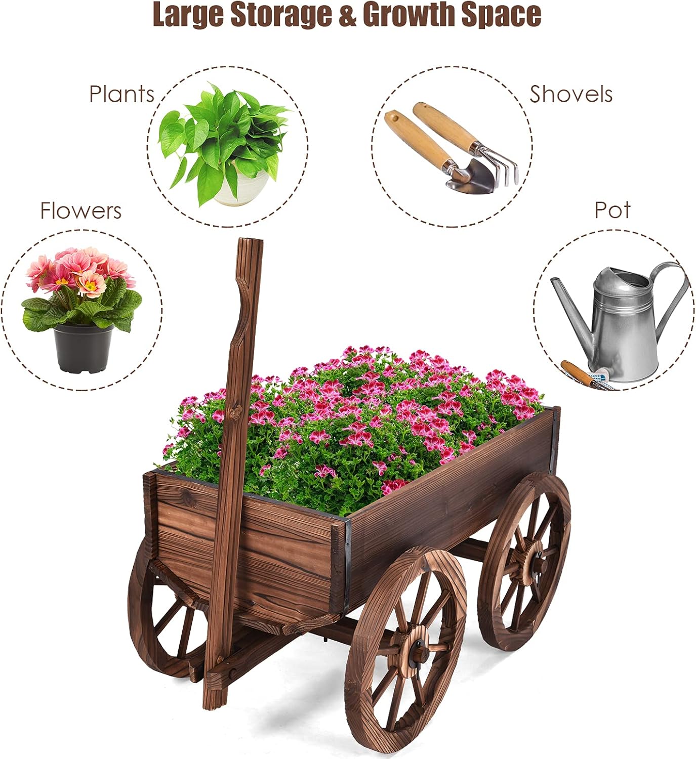 Tangkula Wooden Wagon Planter Box, Decorative Garden Planter w/Wheels, Handle, Drain Hole, Rustic Wooden Flower Cart for Indoor & Outdoor Decor for Patio, Garden, Balcony (29.5" L x 17" W x 21" H)