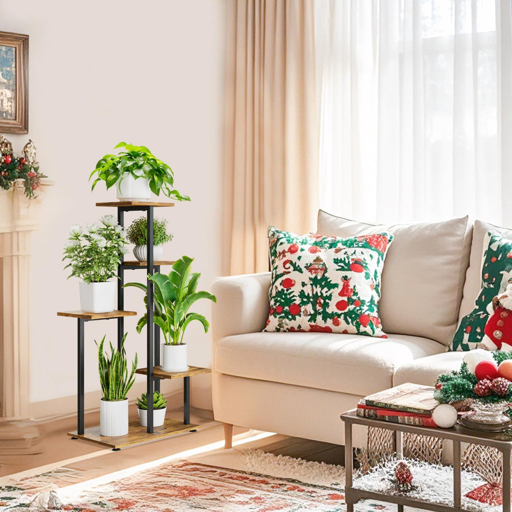 iDavosic.ly 5 Tier Plant Stand Indoor, Tiered Corner Flower Holder Shelf Outdoor, Metal Wood Tall Orchid Pot Display Rack for Patio Porch Garden Balcony Office, Modern Black & Rustic Brown