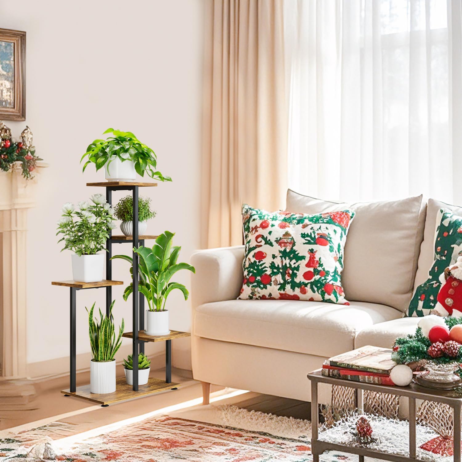 iDavosic.ly 5 Tier Plant Stand Indoor, Tiered Corner Flower Holder Shelf Outdoor, Metal Wood Tall Orchid Pot Display Rack for Patio Porch Garden Balcony Office, Modern Black & Rustic Brown