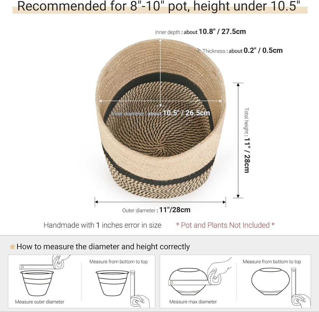 Dahey Jute Rope Plant Basket Modern Woven Storage Basket for 10.5" Indoor Planter, Decorative Flower Pots Cover Laundry Bin with Handle Rustic Home Decor, Black