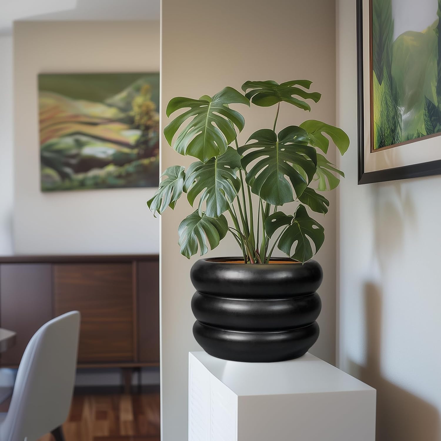 SQOWL 10 Inch Pot for Plants - Ceramic Planter for Indoor Plants Large Plant Pot with Drainage Hole Outdoor Flower Pot Decorative Round Planter for Porch House Decor Black