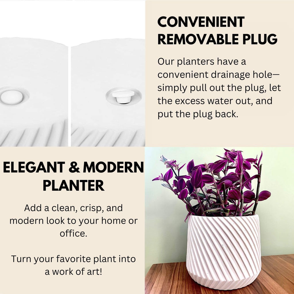 Fox & Fern 8 Inch Plant Pot with Drainage Plug — Premium Polystone White Plant Pot; Modern Planter with 3D Texture and Ceramic Finish; 8 Inch Pots for Plants Indoor & Outdoor; Lightweight