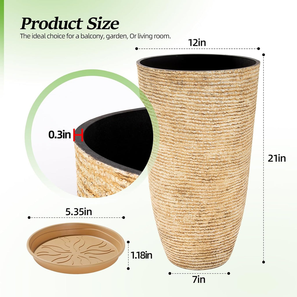 QCQHDU 9 Gallon Tall Large planters for Outdoor/Indoor Plants of 12" Dia x 21" H Round Flower Pots Set Faux Stone Finish Front Door Patio Square Porch Planters with Tray, Beige
