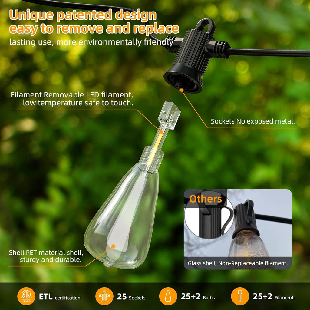 FOOMAN LED Outdoor String Lights, 50FT Outside Waterproof Patio Lights with 25+2 Shatterproof ST38 Edison Bulbs, 2700K Warm White Hanging Light, Dimmable Light for Backyard Garden Bistro Party